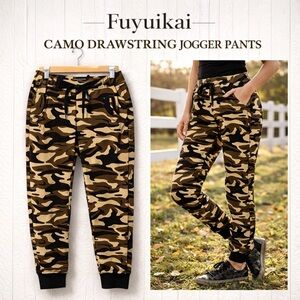 Fuyuikai Camo Jogger Pants M/L Army Print Drawstring Sweatpants Athleisure NWT